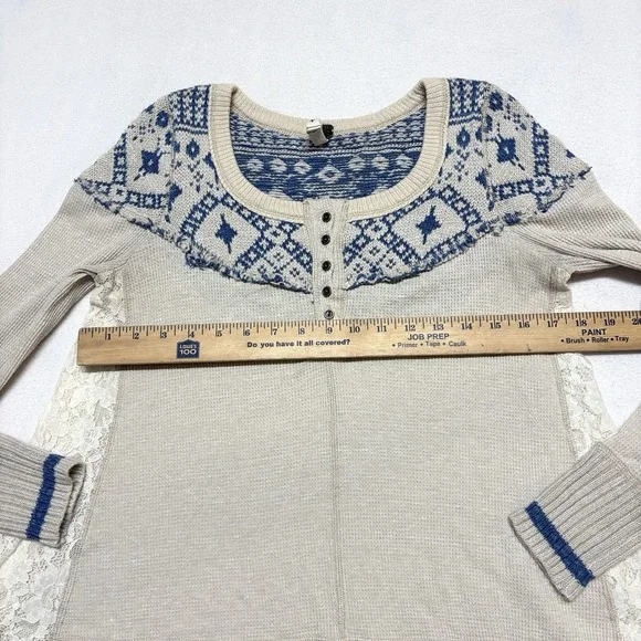Free People Henley Shirt XS Cabin In Woods Cream Knit Lace Waffle Boho Fair Isle - Picture 6 of 11